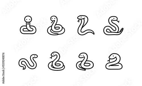 Minimalist snake icons set featuring python, cobra, anaconda, and more