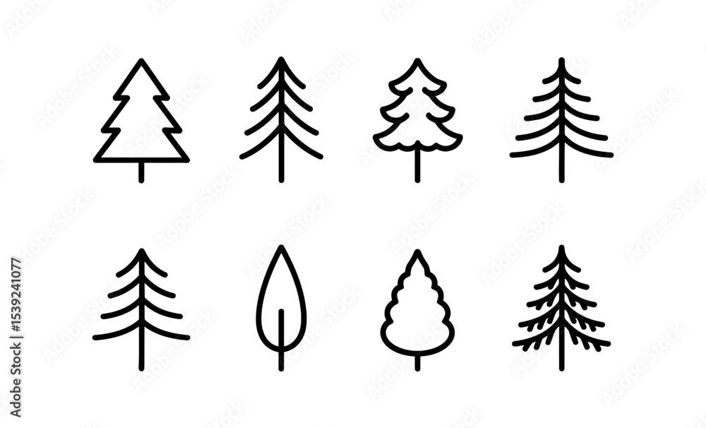 Obraz premium Minimalist tree icon set: simple line art of various tree shapes and designs