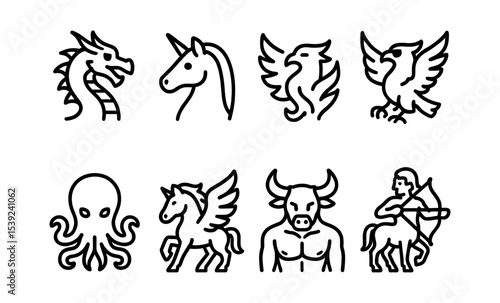 Mythical creature icons set featuring dragon, unicorn, phoenix, griffin, octopus, pegasus, minotaur, centaur