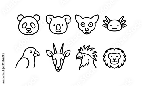 Minimalist animal faces: cute line art icons of panda, koala, parrot, and more