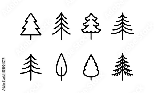 Minimalist tree icon set: simple line art of various tree shapes and designs