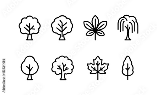Minimalist black line tree icons featuring sycamore, walnut, chestnut, willow, magnolia, oak, maple, and poplar