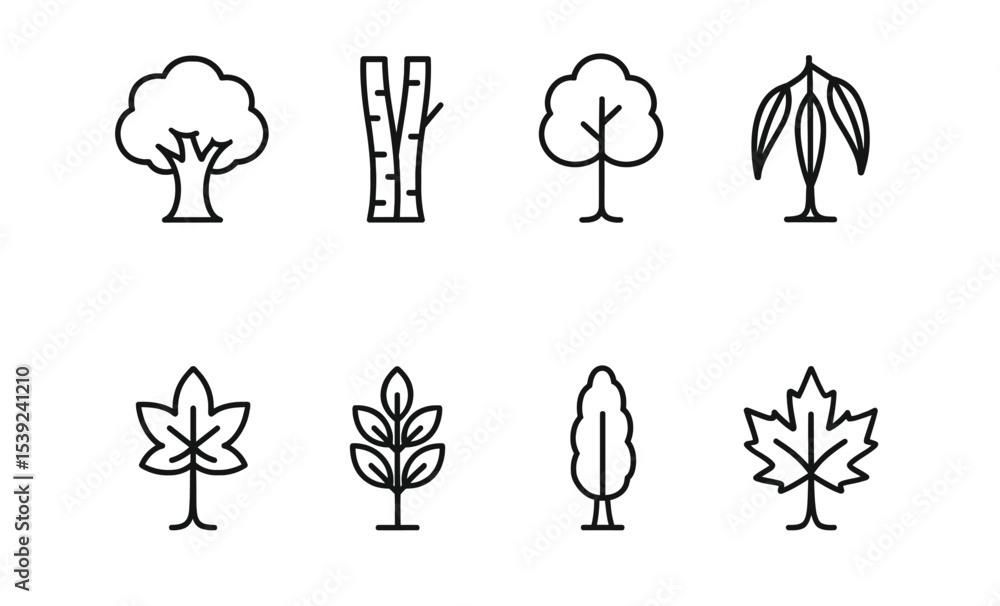 Fototapeta premium Minimalist tree and leaf icon set for nature and design projects