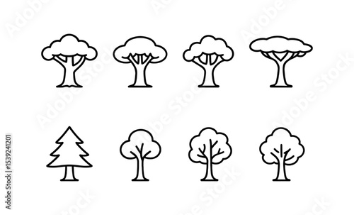 Illustrated icons of kapok, mahogany, ceiba, rain tree, kauri, teak, eucalyptus, balsa