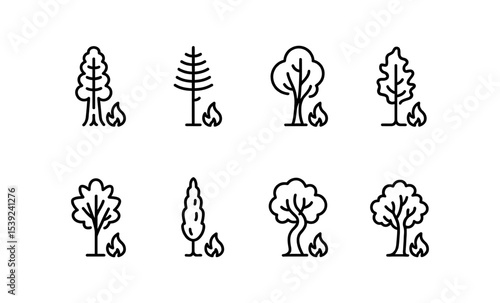 Illustration of eight tree icons with fire hazard symbols: sequoia, pine, eucalyptus, and more
