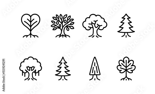 Minimalist tree icon set featuring bodhi, olive, oak, cedar, banyan, yew, sequoia, fig