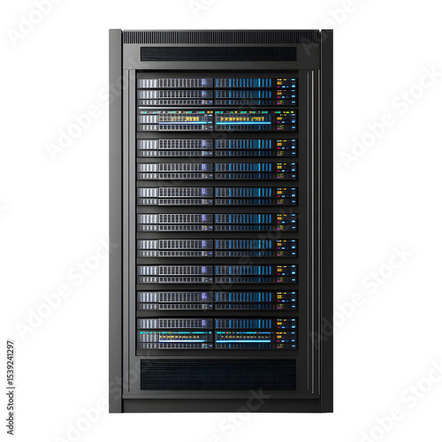 A high angle view of a modern data server rack with multiple network equipment systems displaying colorful lights