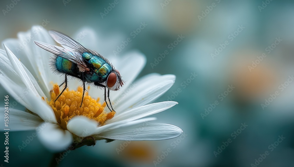 Obraz premium Detailed Macro Photograph of a Fly on a Daisy with Soft Background