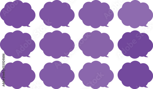 All the bubbles have a distinctive, rounded, cloud-like, or scalloped edge design. This vector image features twelve speech bubbles.