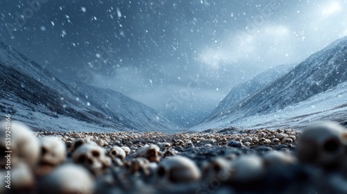 Winter's Grim Embrace: A Valley of Skulls Under a Bleak, Snowy Sky