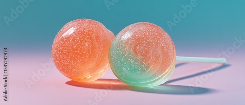 Two lollipops stand side by side with colorful backgrounds. Candy, sweets, sugar, dessert, treat, food photography.