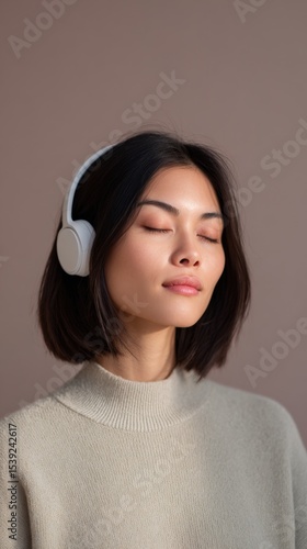 Woman listens to music with eyes closed, enjoying moment. Meditation, relaxation, mindfulness, mental wellness, peaceful music