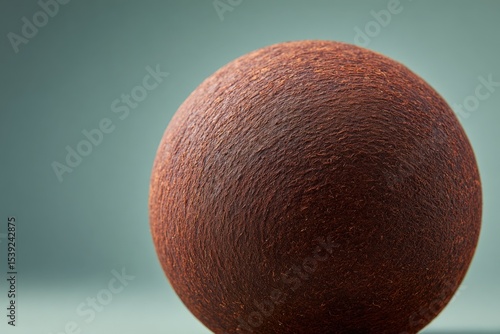 Round brown object sits on green surface. Texture, sphere, minimalism, surface, object, abstract