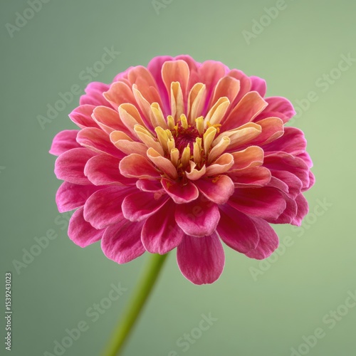 Vibrant zinnia flower in full bloom, vibrant pink and yellow petals. Floral beauty, natural elegance, flower portrait, blossom