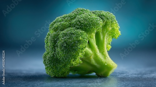 Fresh broccoli head sits on a reflective surface. Healthy eating, produce, vegetarian diet, natural food, organic grocery