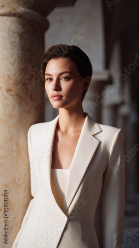 Elegant woman in white suit poses indoors. Portrait of beauty, fashion, style, and sophistication.