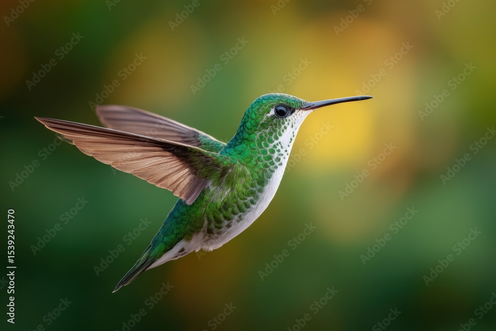 Fototapeta premium Hummingbird flies in mid-air with vibrant green feathers. Avian wildlife, nature, animalia, tropical.