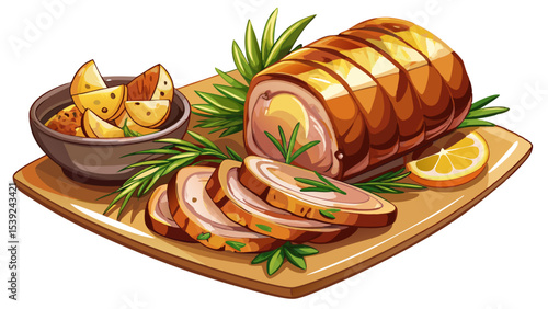 Succulent roasted pork loin, glazed and sliced, served with grilled pineapple rings and fresh rosemary sprigs. A delicious presentation! Very beautiful