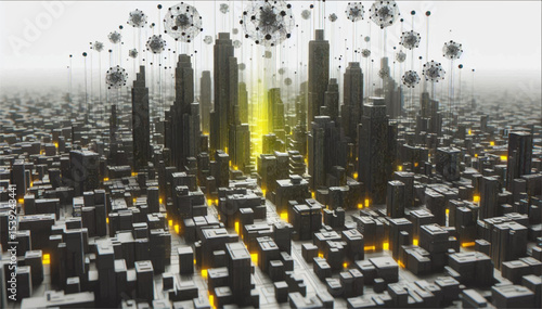 A technological futuristic cyberpunk city with skyscrapers and flying spheres. Vector graphics. EPS.
