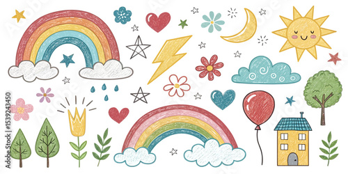 Delightful Hand-Drawn Doodle Clipart Collection with Rainbows Clouds Sun Hearts Flowers and Nature Elements Perfect for Children Themed Designs