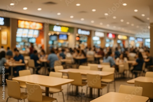 Blurred image of a food court in bright shopping mall. Abstract background showing a busy restaurant setting.