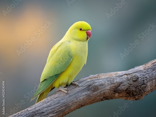 Yellow parrot perches calmly on branch. Vibrant bird, nature wildlife, tropical beauty, exotic pet.