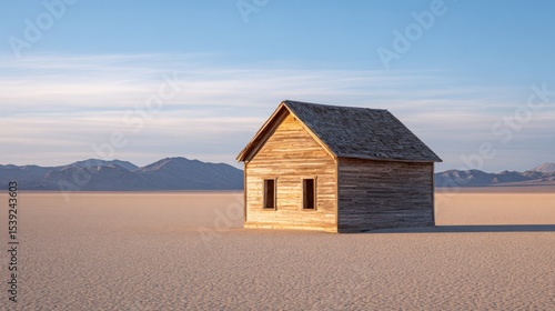 Abandoned house stands alone in desert landscape. Isolation, loneliness, forgotten, rural architecture, desolate, nature.