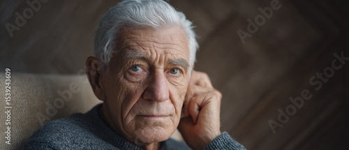 Elderly man looks thoughtfully at the camera with his hand to his face. Aging, wisdom, portrait, contemplation, reflection.