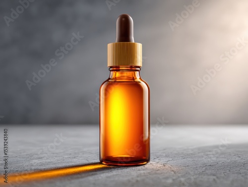 Amber bottle with dropper showcases natural oil. Essential oils, aromatherapy, herbal remedy, health, wellness, skincare