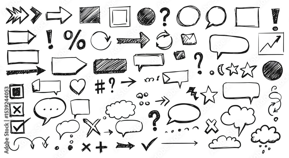 Fototapeta premium Collection of Hand Drawn Doodle Arrows Speech Bubbles Stars and Geometric Shapes Perfect for Graphic Design and Web Design