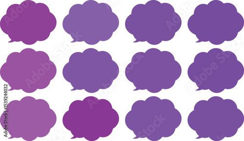 All the bubbles have a distinctive, rounded, cloud-like, or scalloped edge design. This vector image features twelve speech bubbles.