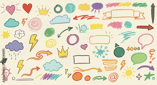 Whimsical Hand Drawn Doodle Elements Set for Creative Design Projects Including Sketchy Shapes Arrows and Graphic Embellishments