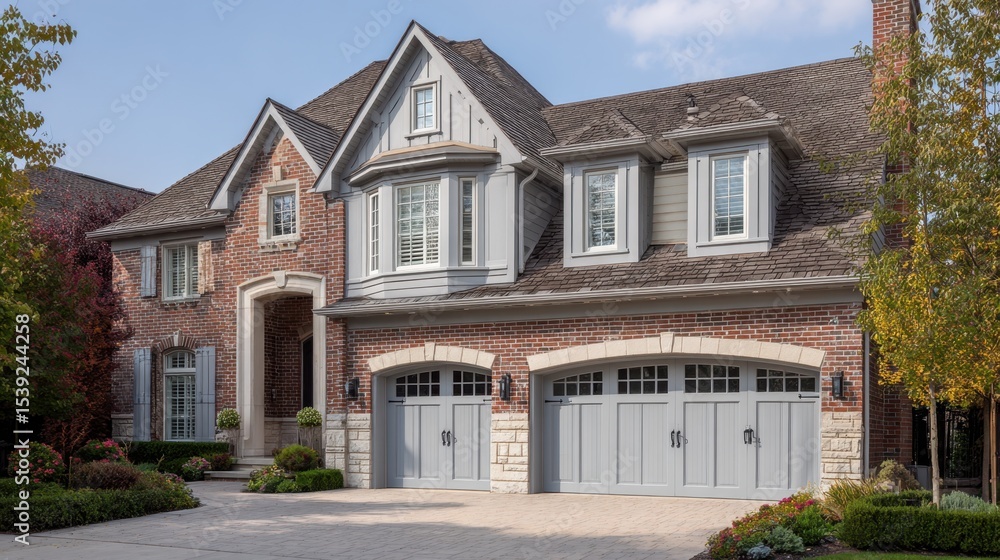 Double garage luxury house with contrast between red brick and soft grey siding panels Double garage luxury house with contrast between red brick and soft grey siding panels