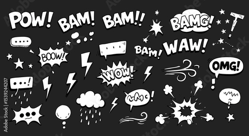 Collection of Comic Book Speech Bubbles Sound Effects Clipart Embellishments with Explosions and Typography Lettering for Creative Projects and Graphic Design
