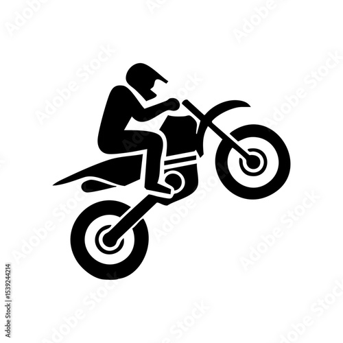 Stylized vector icon of a motorcyclist doing a wheelie stunt.

