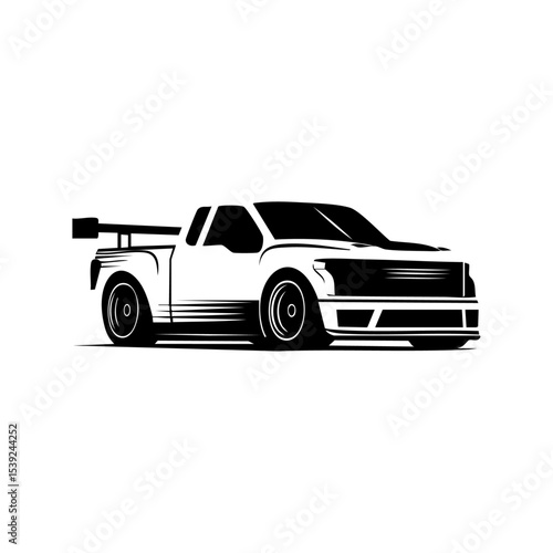 Minimalist vector of a racing pickup truck with bold spoiler and aggressive f...