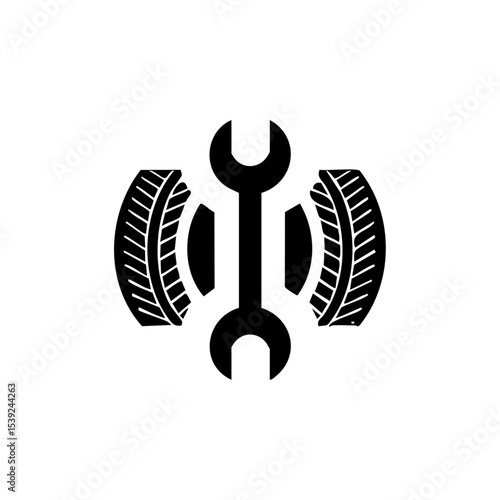 Vector logo combining a wrench with racing tires, ideal for pit stop, garage,...