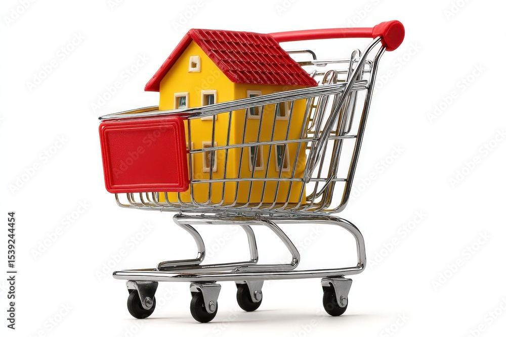 Miniature house in a shopping cart representing home ownership, real estate investment, and modern consumer culture, illustrating the correlation between buying property and fulfilling dreams Miniature house in a shopping cart representing home ownership, real estate investment, and modern consumer culture, illustrating the correlation between buying property and fulfilling dreams