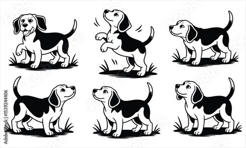 Six adorable beagle puppy poses black and white illustrations