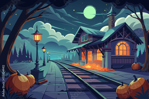 Spooky Halloween night with haunted houses, a full moon, and bats flying over silhouetted rooftops with glowing pumpkins