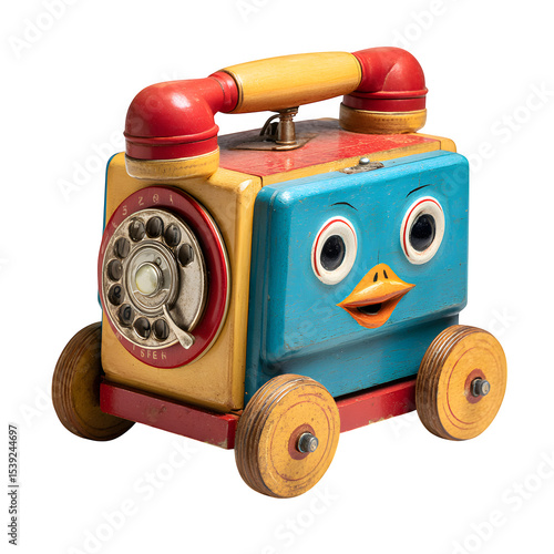 Vintage Fisher Price pull toy, 1950s Chatter Telephone, isolated on a white background