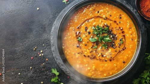 Dal soup in dish on the table with smoke