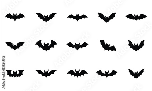 Fifteen black bat silhouettes on white background