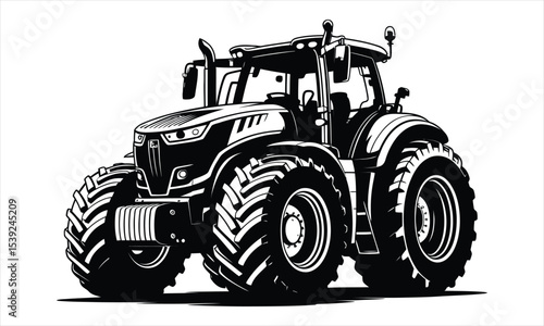 Modern powerful farm tractor black and white illustration