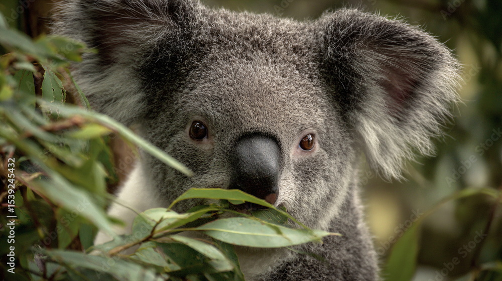Obraz premium Closeup portrait of a koala bear eating eucalyptus leaves in its natural habit. Face of a koala munching on green foliage. Wildlife concept.