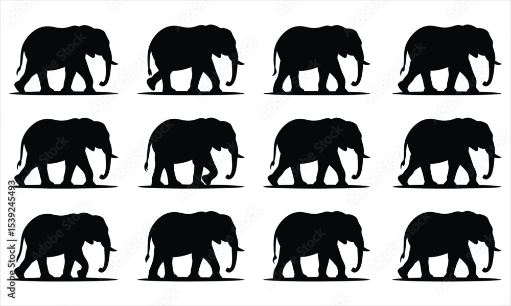 Naklejka premium Twelve black silhouettes of walking elephants