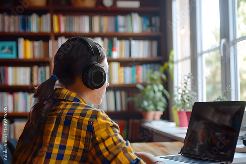 Adult learning online language course with headph