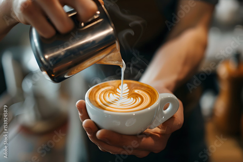 Barista pouring latte art in independent coffee s