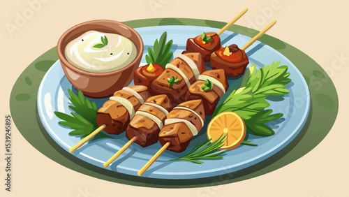 Grilled meat skewers with a creamy dipping sauce, presented on a plate, promising a savory and flavorful culinary experience. Very beautiful