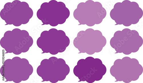 All the bubbles have a distinctive, rounded, cloud-like, or scalloped edge design. This vector image features twelve speech bubbles.
